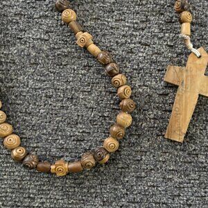 ROSARY of Rustic Hand-carved Olive Wood Rose Beads and Simple Cross